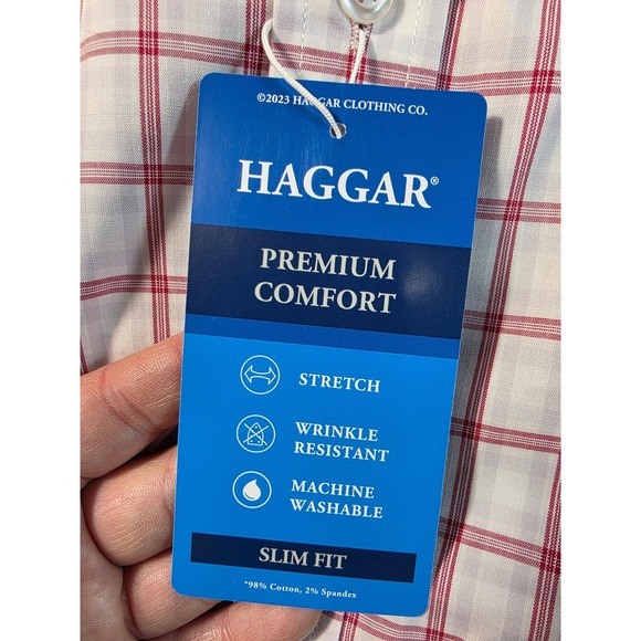 Haggar Dress Shirt Men 14-14.5 32/33 Red/White Plaid Slim Fit Stretch Comfort - Picture 4 of 8
